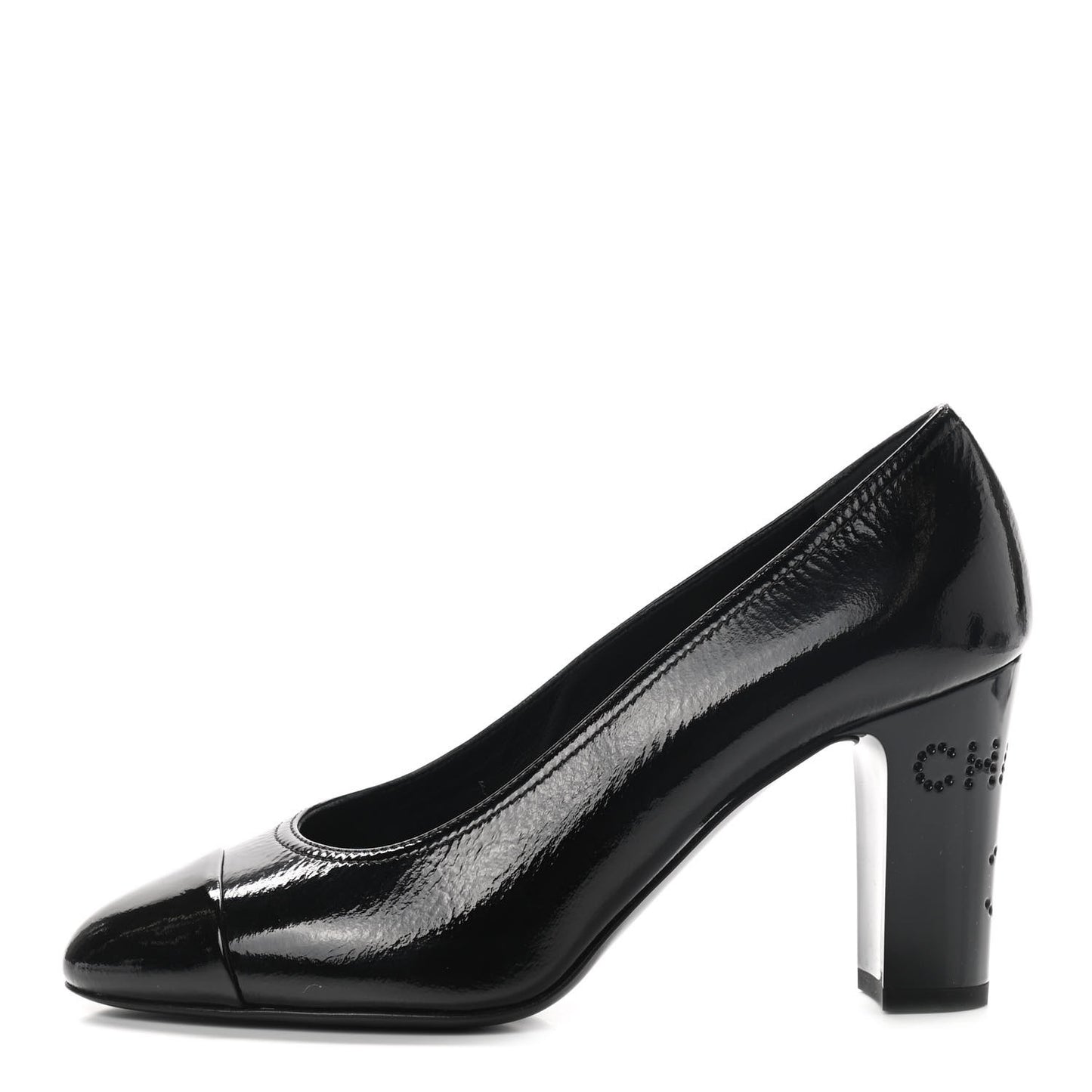 Patent Calfskin Crystal Cap Toe Logo Pumps 37 Black