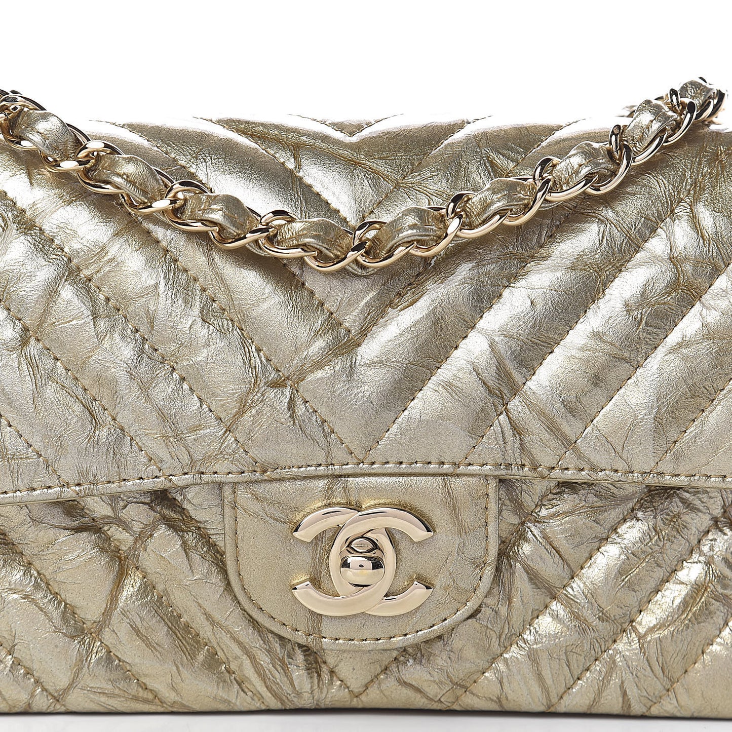 Patent Metallic Crumpled Calfskin Chevron Quilted Mini Rectangular Flap Gold