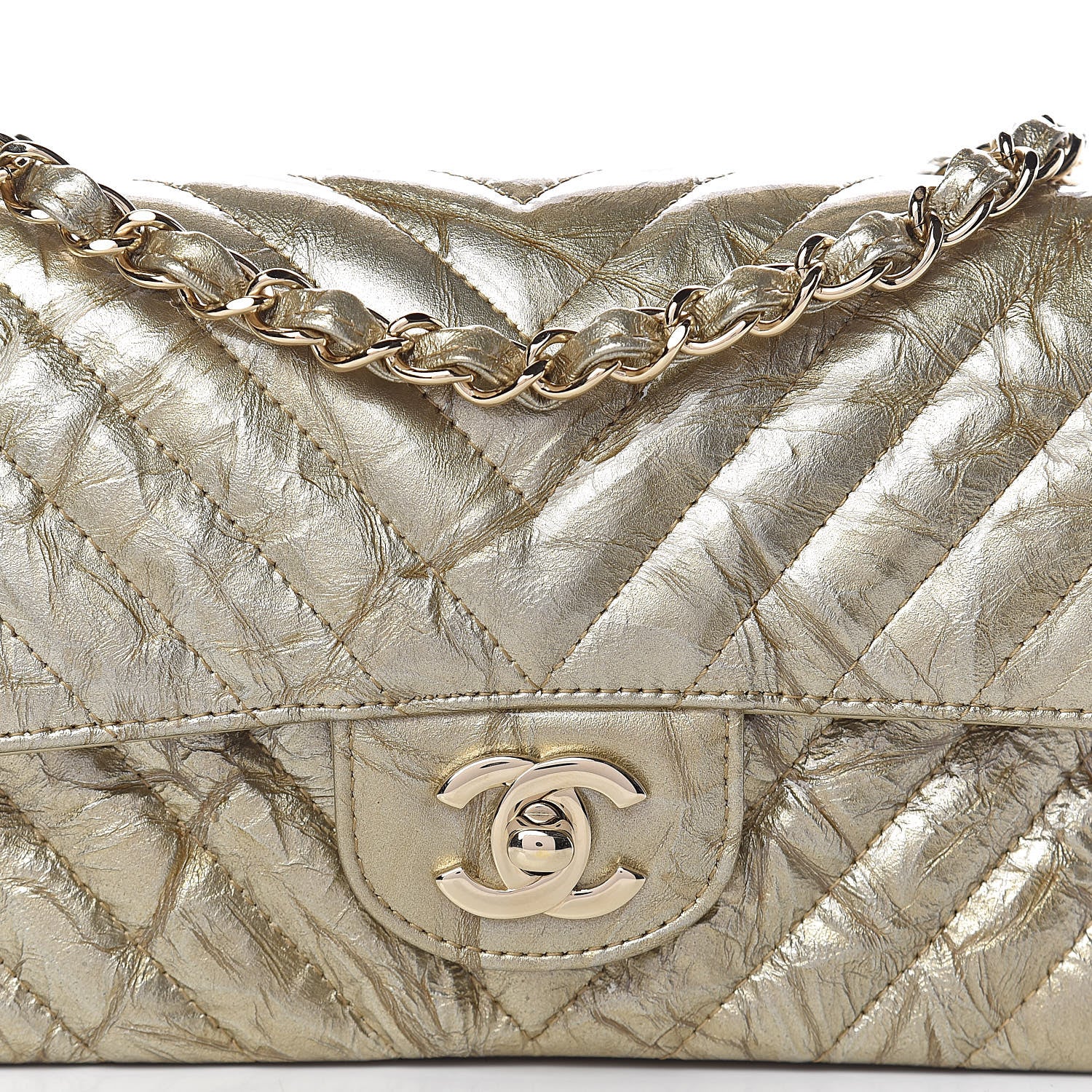 Chanel Patent Metallic Crumpled Calfskin Chevron Quilted Mini Rectangular Flap Gold 10 of 11