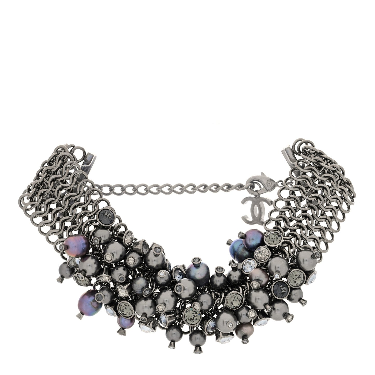 Pearl Bead Crystal CC Chain Choker Silver Multicolor