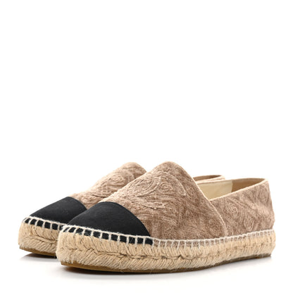Chanel Velvet Grosgrain Quilted Camellia CC Espadrilles 36 Beige Black 3 of 9