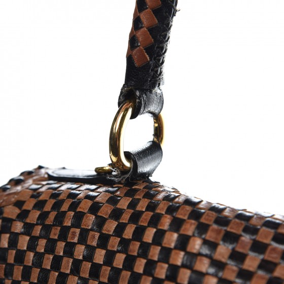 Prada Goatskin Woven Top Handle Satchel Black Tan 20 of 20