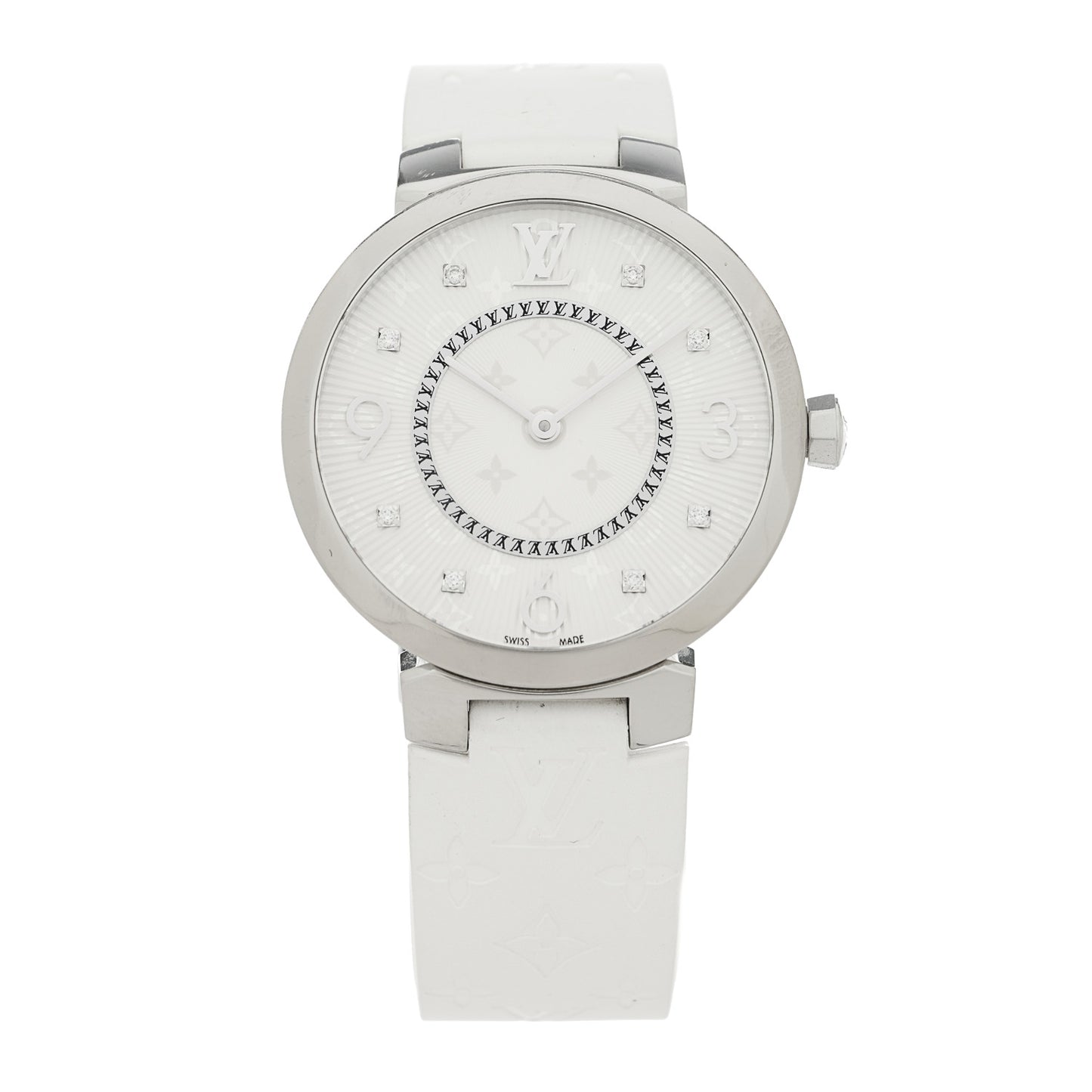 Stainless Steel Rubber Diamond 33mm Tambour Slim Quartz Watch White