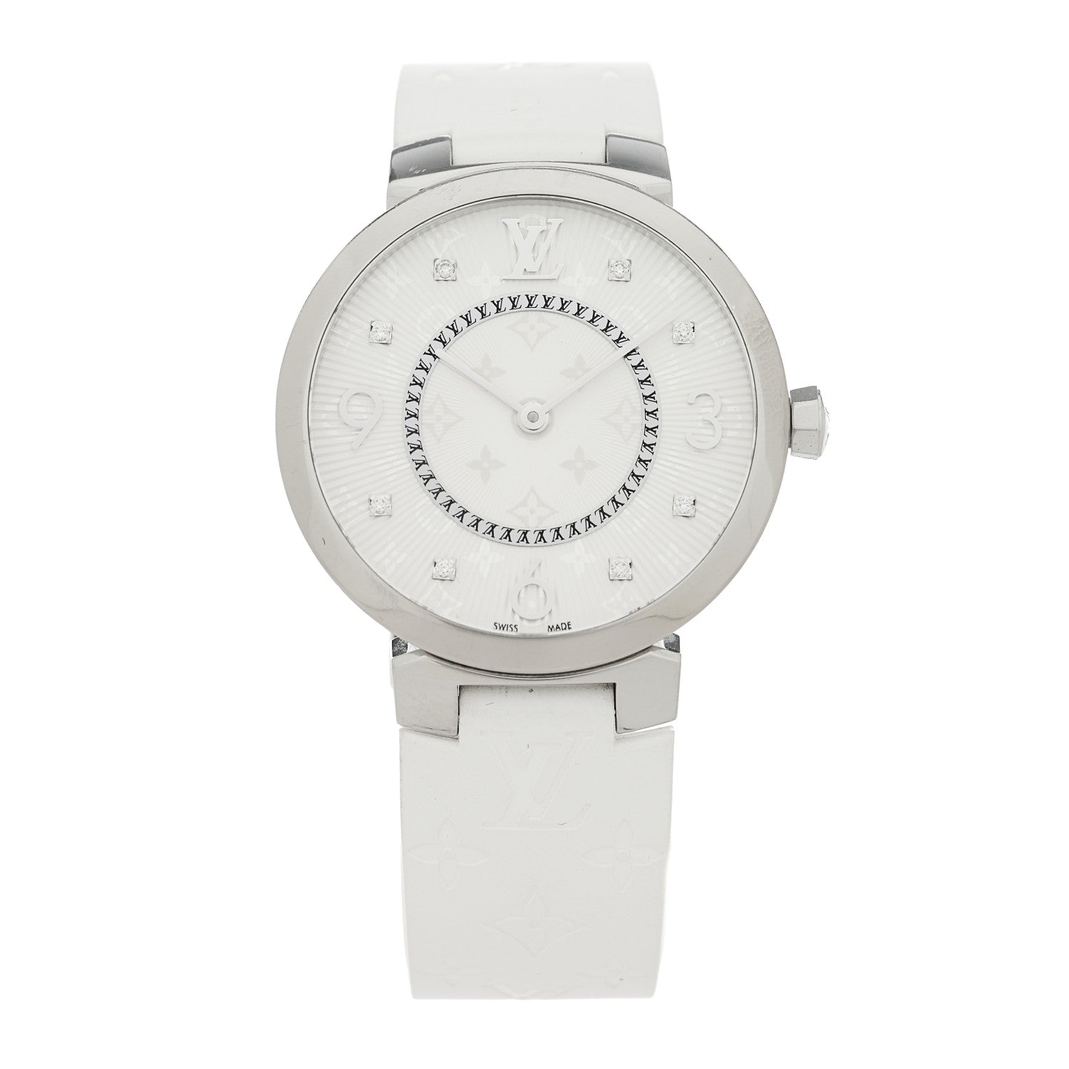 Louis Vuitton Stainless Steel Rubber Diamond 33mm Tambour Slim Quartz Watch White 1 of 5