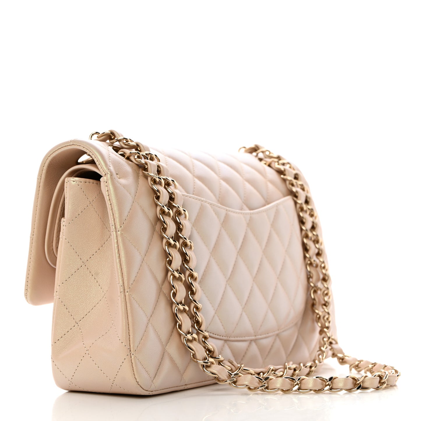 Iridescent Lambskin Quilted Medium Double Flap Beige