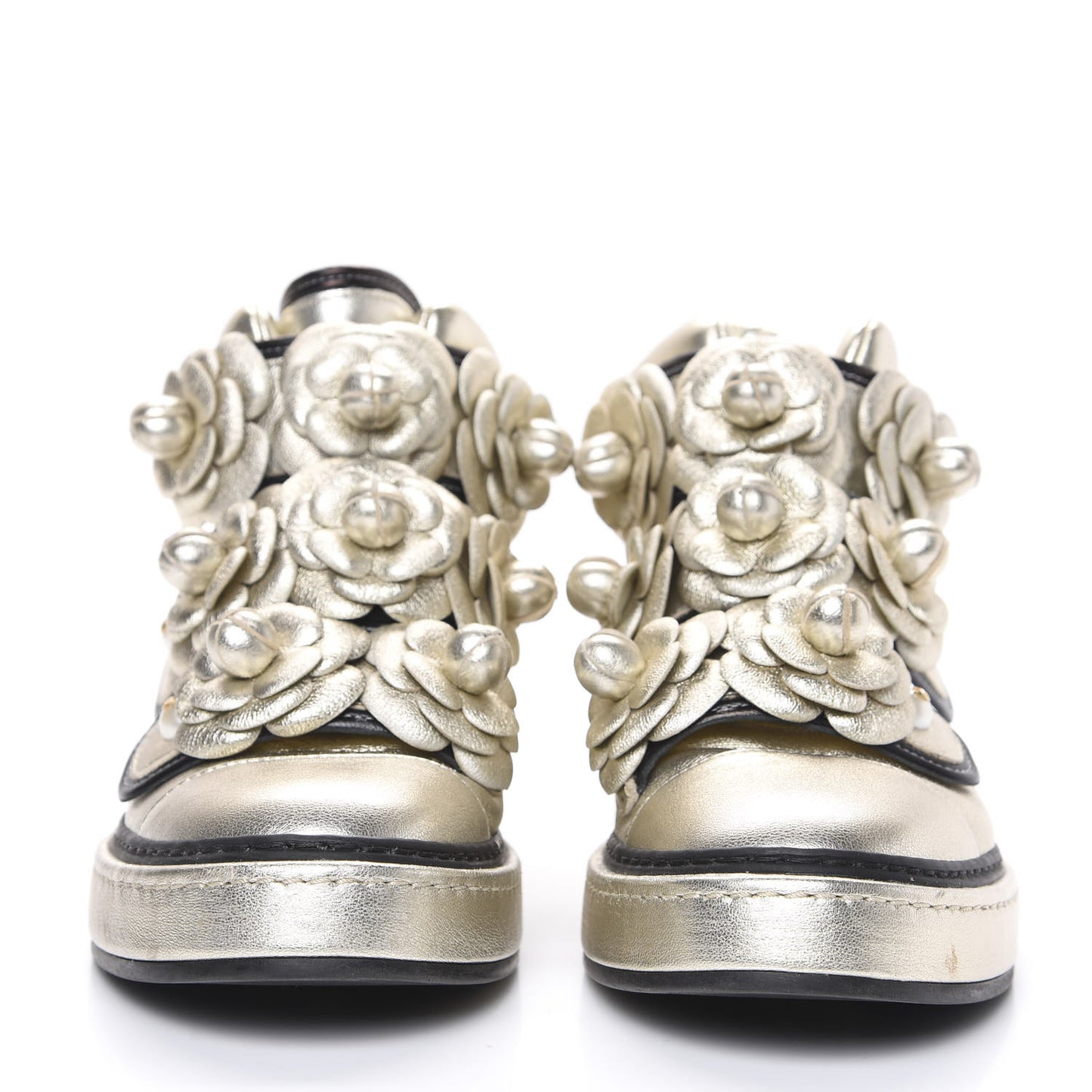 Metallic Lambskin Camellia High Top Sneakers 36 Gold