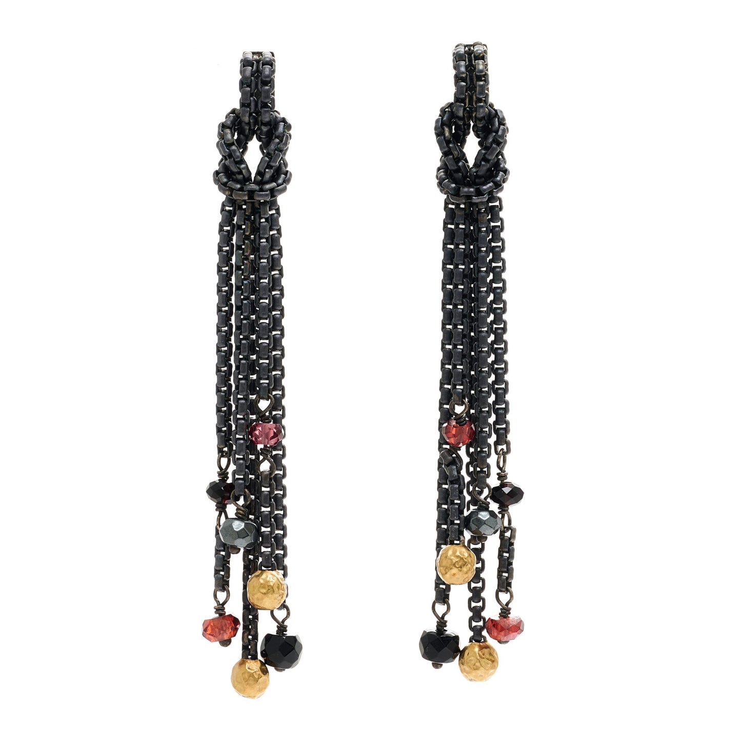 Darkened Sterling Silver 18K Yellow Gold Garnet Hematite Black Onyx Box Chain Knot Drop Earrings