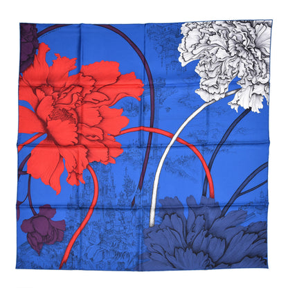 Hermes Silk L'Ombre Des Pivoine Scarf 90 Bleu Moyen Rouge White 1 of 4