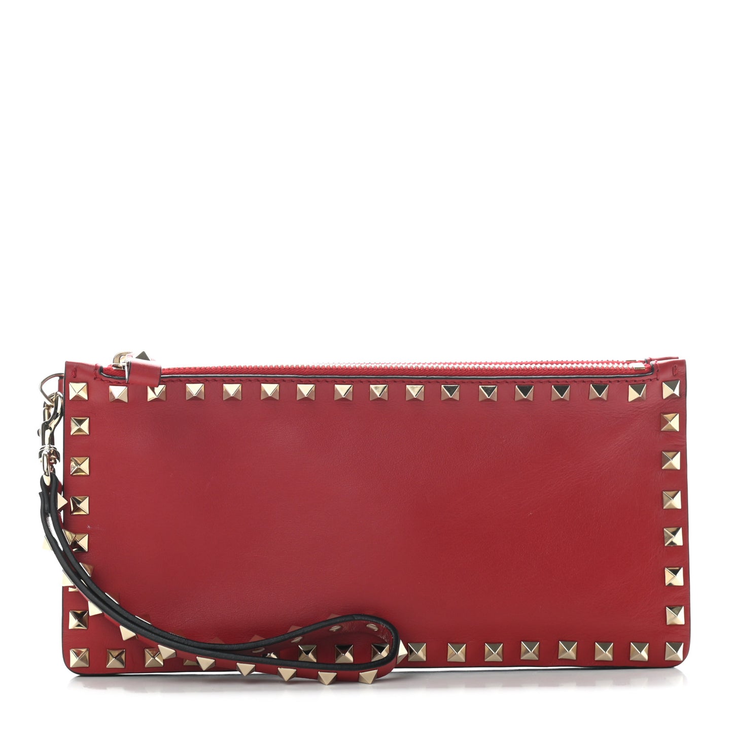 Vitello Small Rockstud Double Zip Wristlet Pouch Red