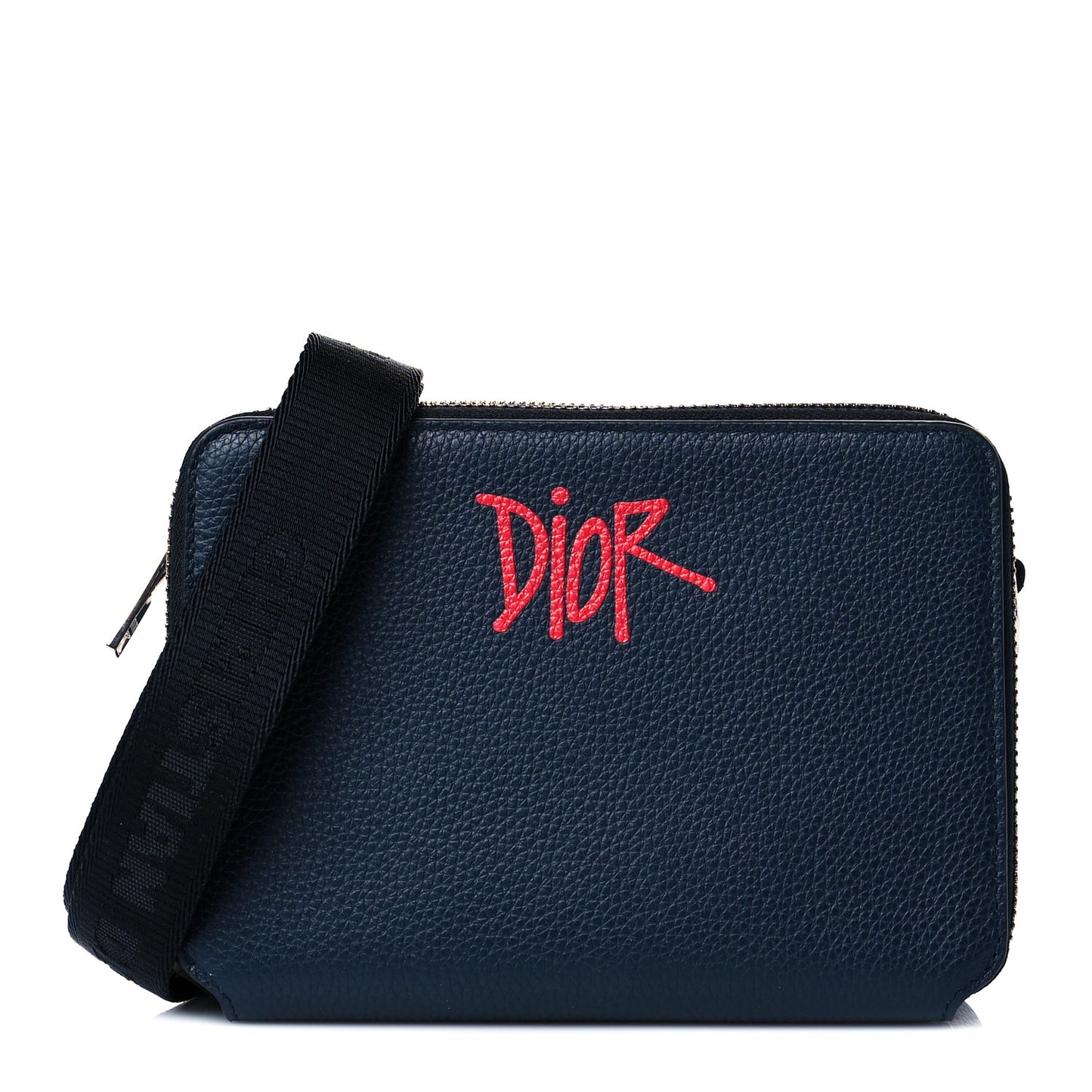 X SHAWN STUSSY Grained Calfskin Ox Head Crossbody Double Zip Crossbody Pouch Navy Blue