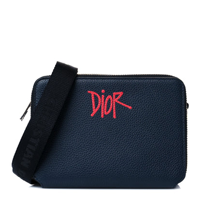 Christian Dior X SHAWN STUSSY Grained Calfskin Ox Head Crossbody Double Zip Crossbody Pouch Navy Blue 4 of 13