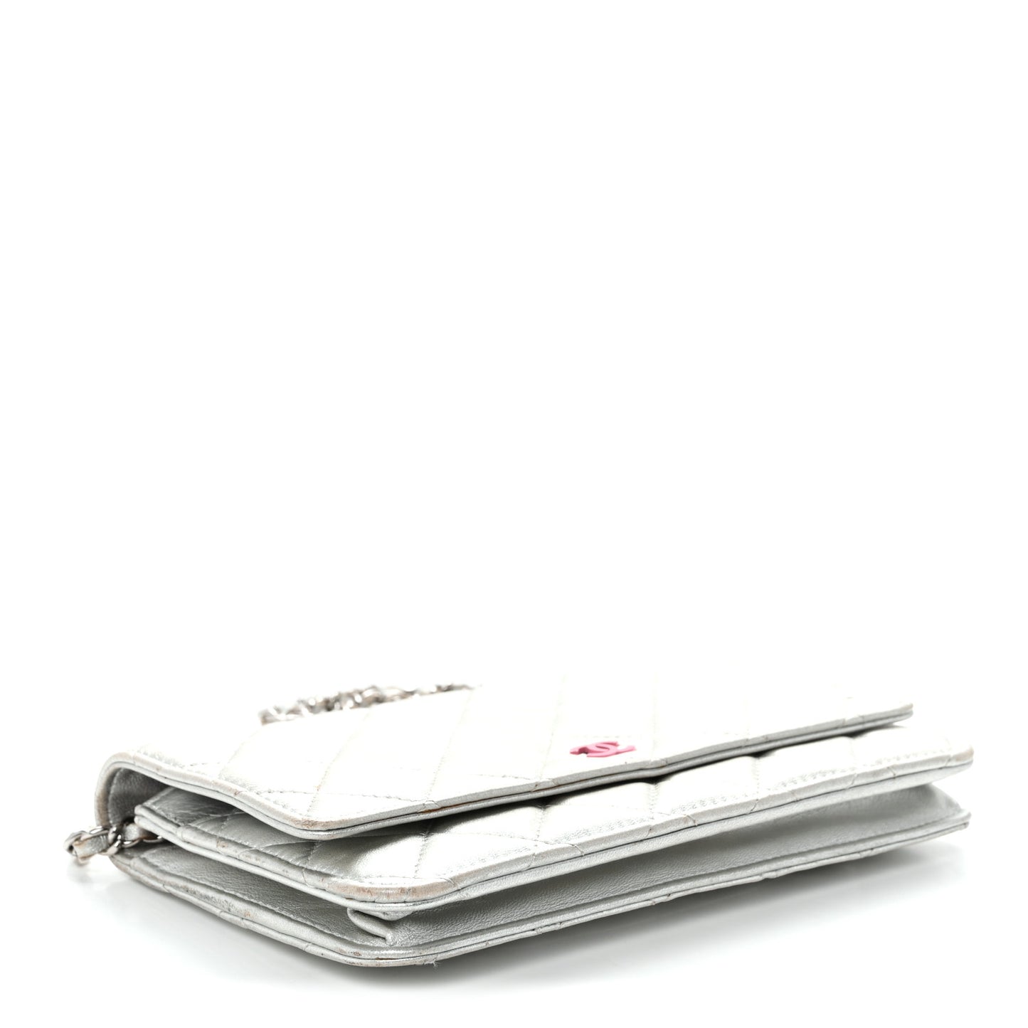 Metallic Lambskin Quilted Wallet On Chain WOC Silver