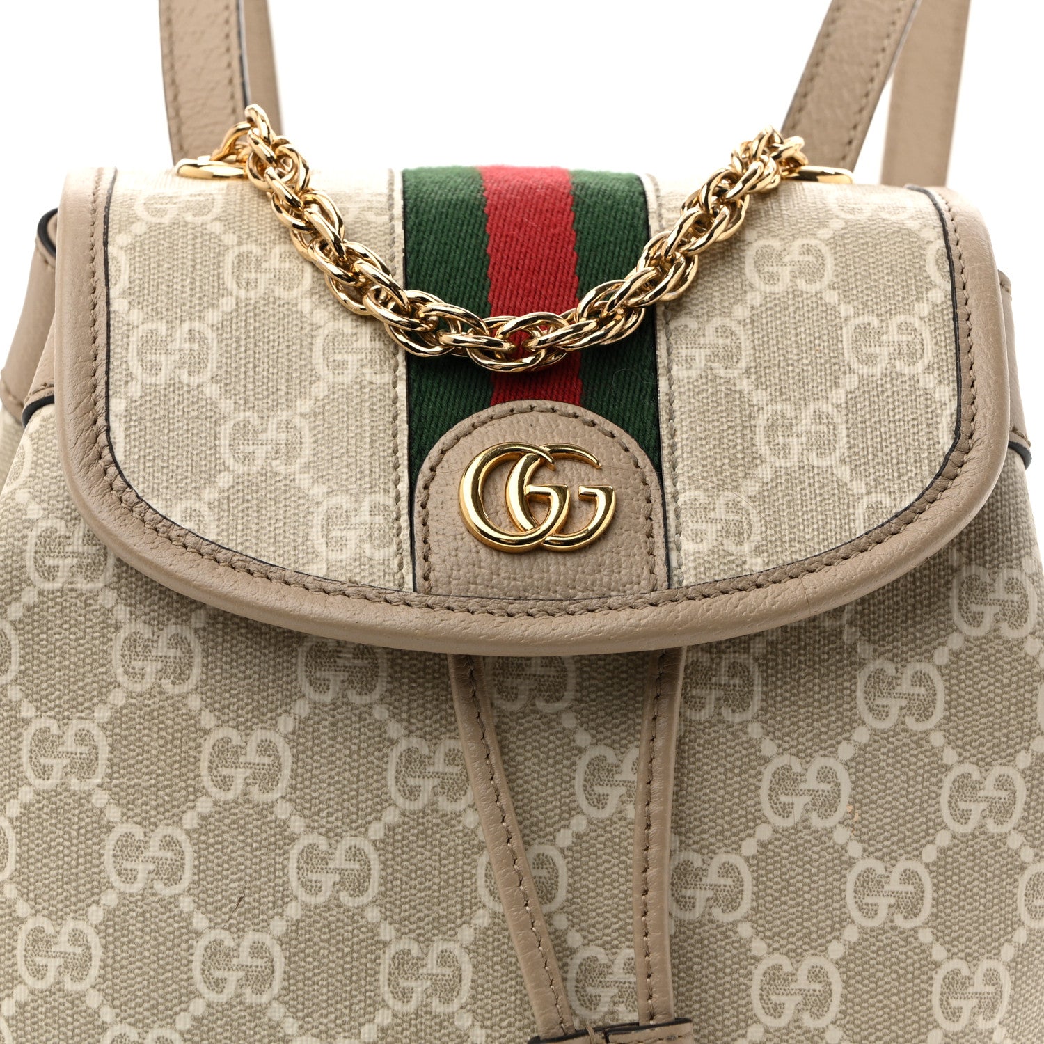 Gucci GG Supreme Monogram Textured Dollar Calfskin Web Mini Chain Drawstring Backpack Beige Mystic White Oatmeal 8 of 13