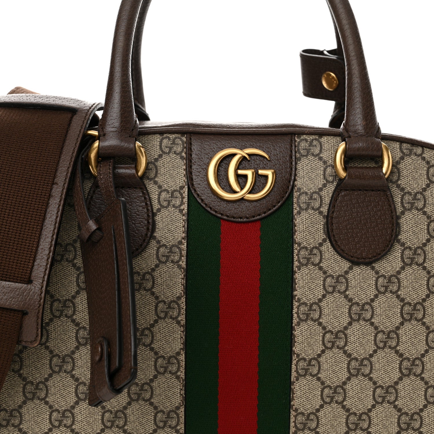 Gucci GG Supreme Monogram Textured Dollar Calfskin Web Medium Ophidia Top Handle Duffle Bag Beige Ebony New Acero 8 of 15