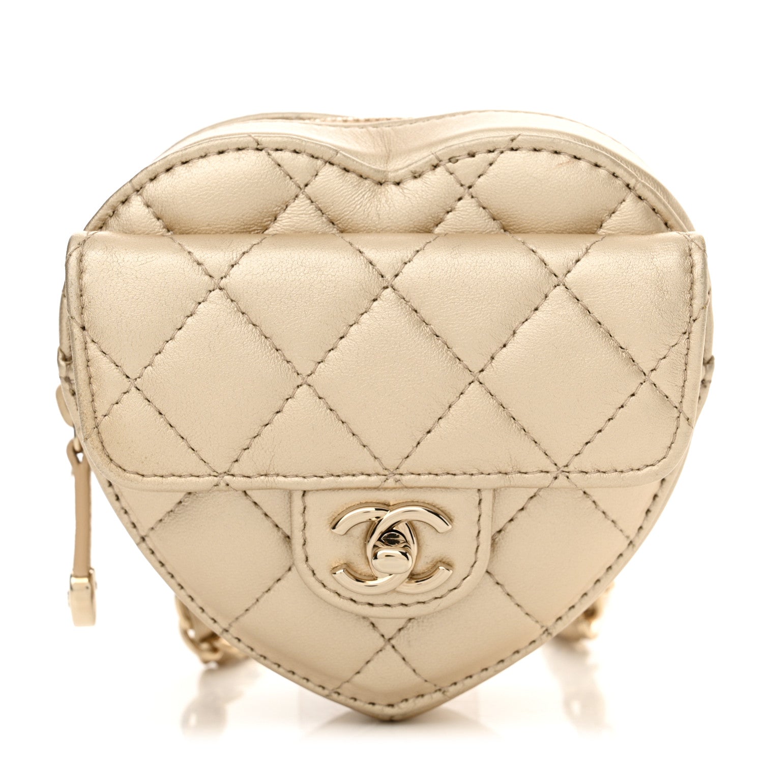 Chanel Metallic Lambskin Quilted CC In Love Heart Waist Belt Bag With Chain Gold 1 of 11