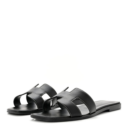 Hermes Box Calfskin Oran Sandals 37.5 Black 3 of 9