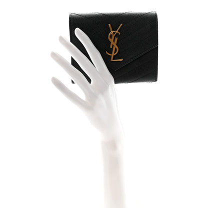 Saint Laurent Grain De Poudre Matelasse Chevron Monogram Compact Tri Fold Wallet Black 2 of 7
