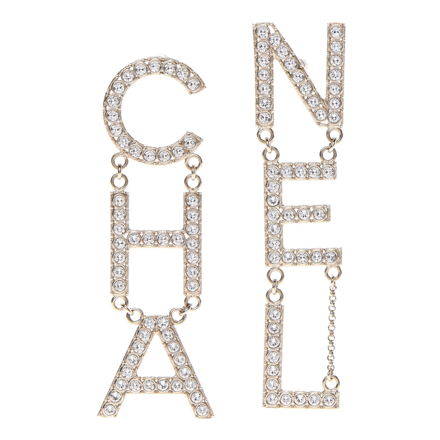 Chanel Crystal Cha-Nel Logo Drop Earrings Gold 1 of 5