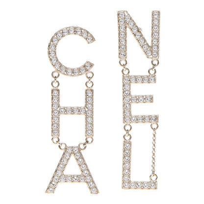 Chanel Crystal Cha-Nel Logo Drop Earrings Gold 1 of 5