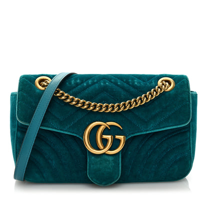 Gucci Velvet Matelasse Small GG Marmont Shoulder Bag Pavone Cyan 1 of 10