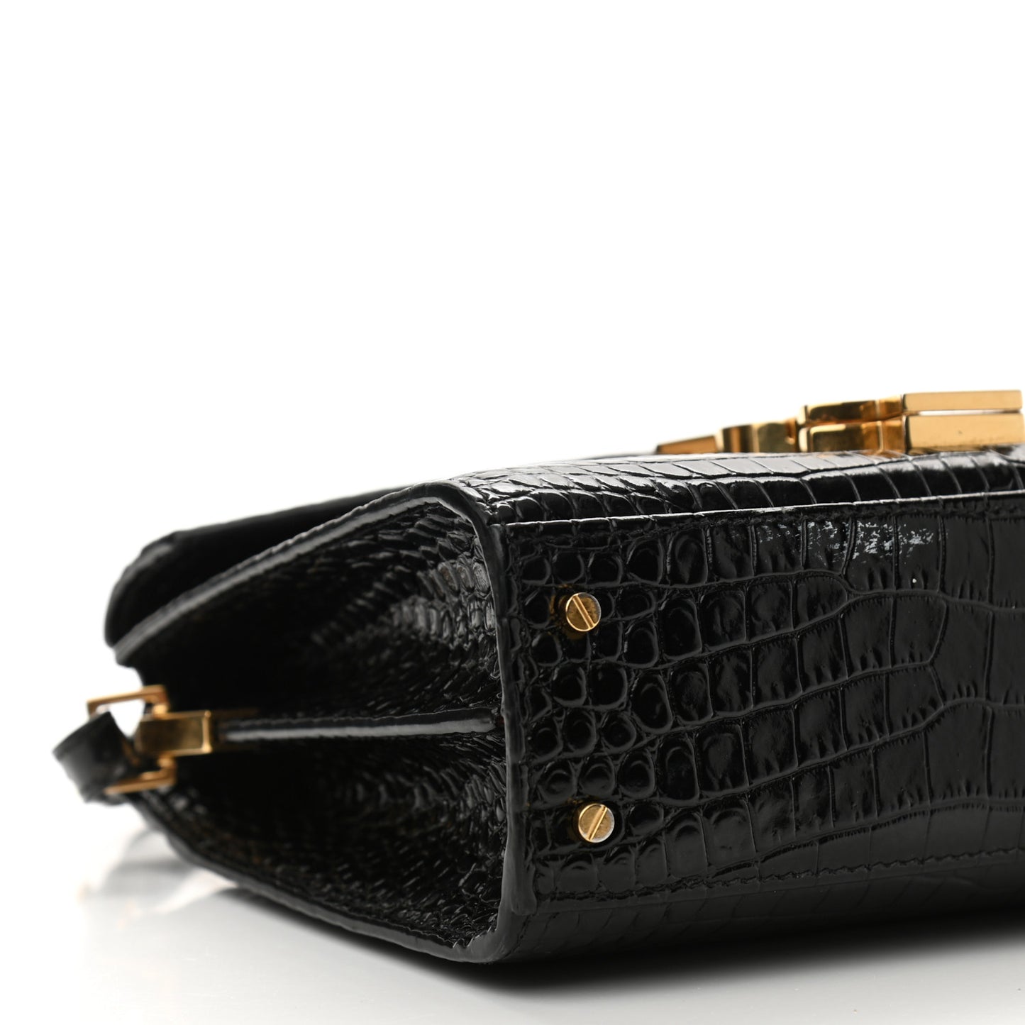 Calfskin Crocodile Embossed Mini Classic Monogram Cassandra Top Handle Black