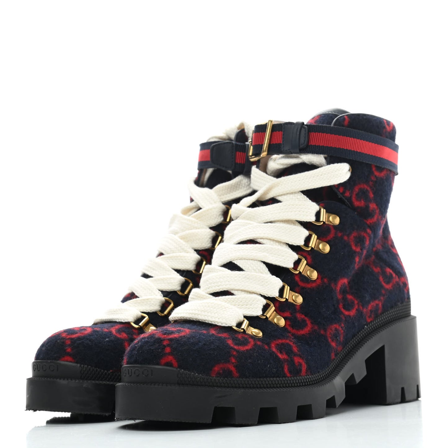 Covered Wool Big GG Monogram Womens Lace Up Combat Ankle Boots 37.5 Blue Red