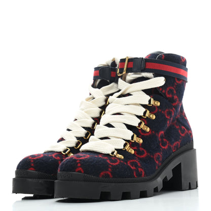 Gucci Covered Wool Big GG Monogram Womens Lace Up Combat Ankle Boots 37.5 Blue Red 3 of 8