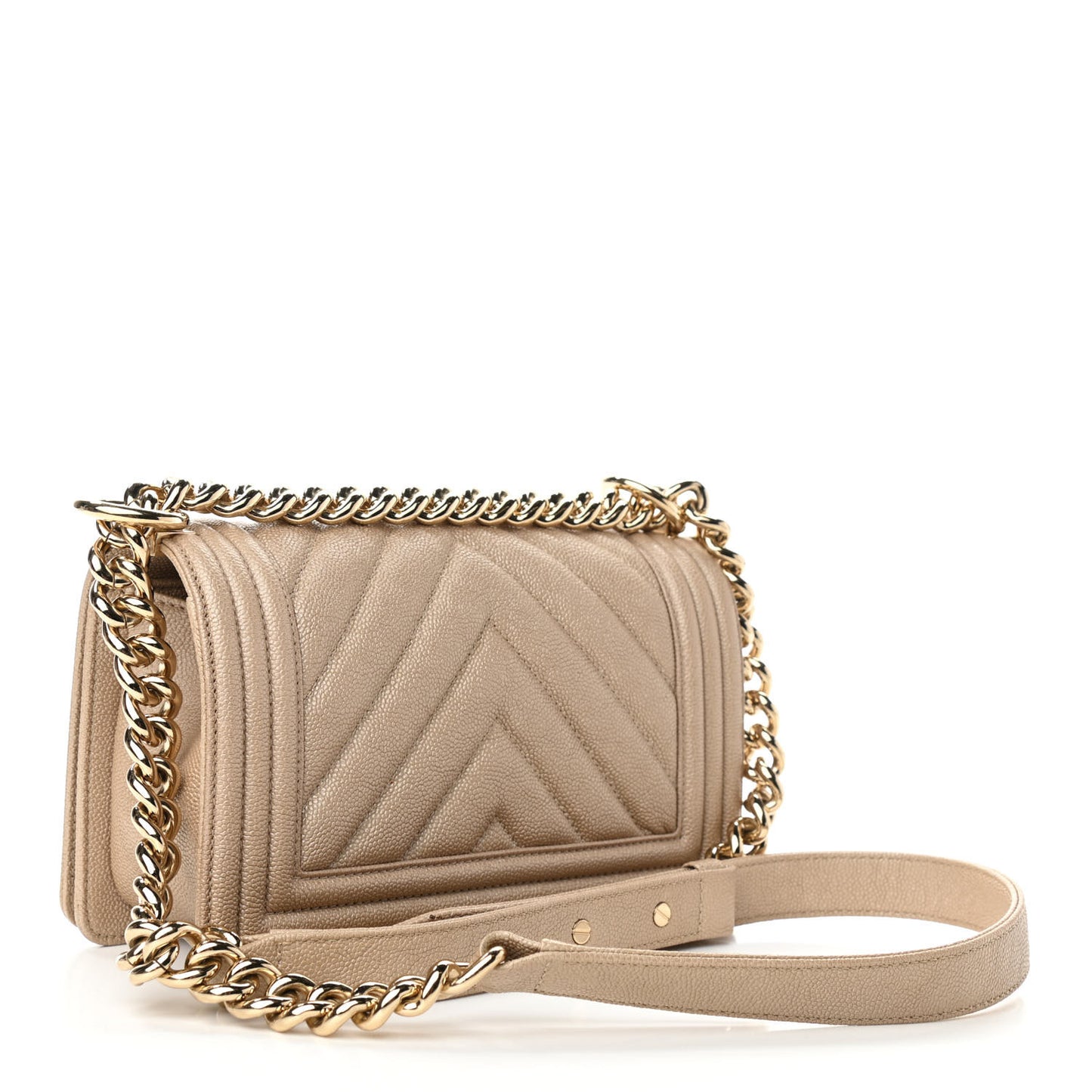 Iridescent Caviar Chevron Quilted Small Boy Flap Beige