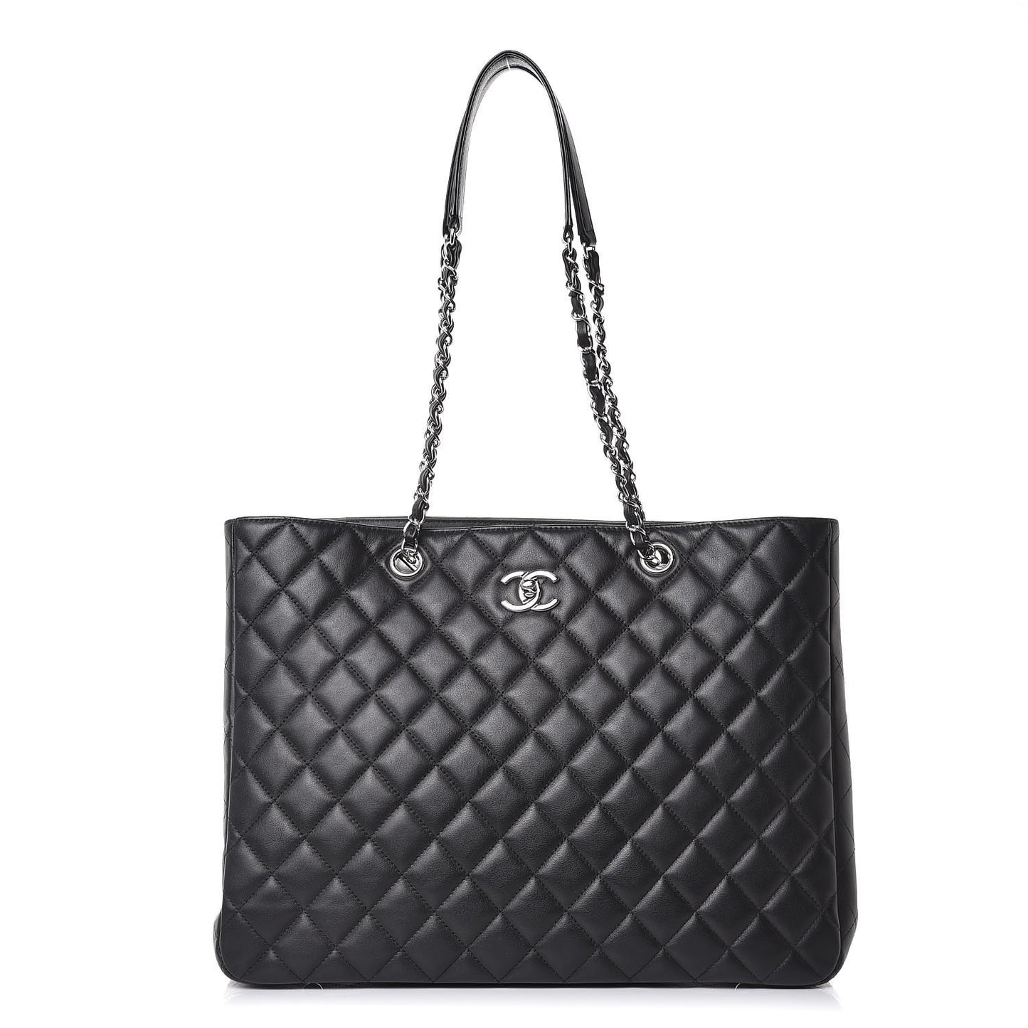 Calfskin Quilted Large CC Shopping Tote Black