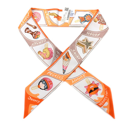 Hermes Silk Funny Ice Cream Twilly Orange Creme Beige 1 of 3