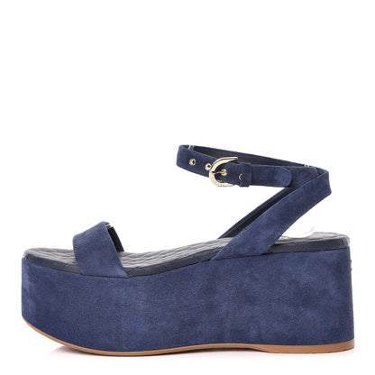 Chanel Suede Calfskin Platform Wedge Sandals 37.5 Blue 1 of 9