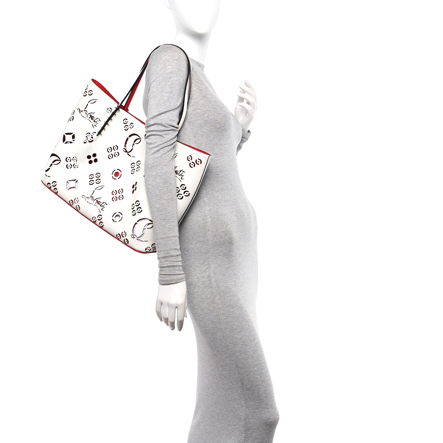 Christian Louboutin Calfskin Perforated Large Loubinthesky Cabarock Spikes Tote Snow 2 of 9