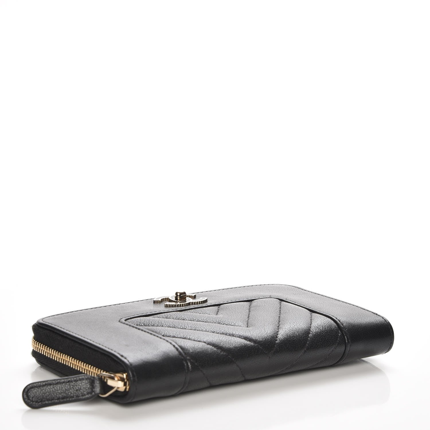 Chanel Sheepskin Chevron Quilted Mademoiselle Vintage Zip Around Wallet Black 4 of 9