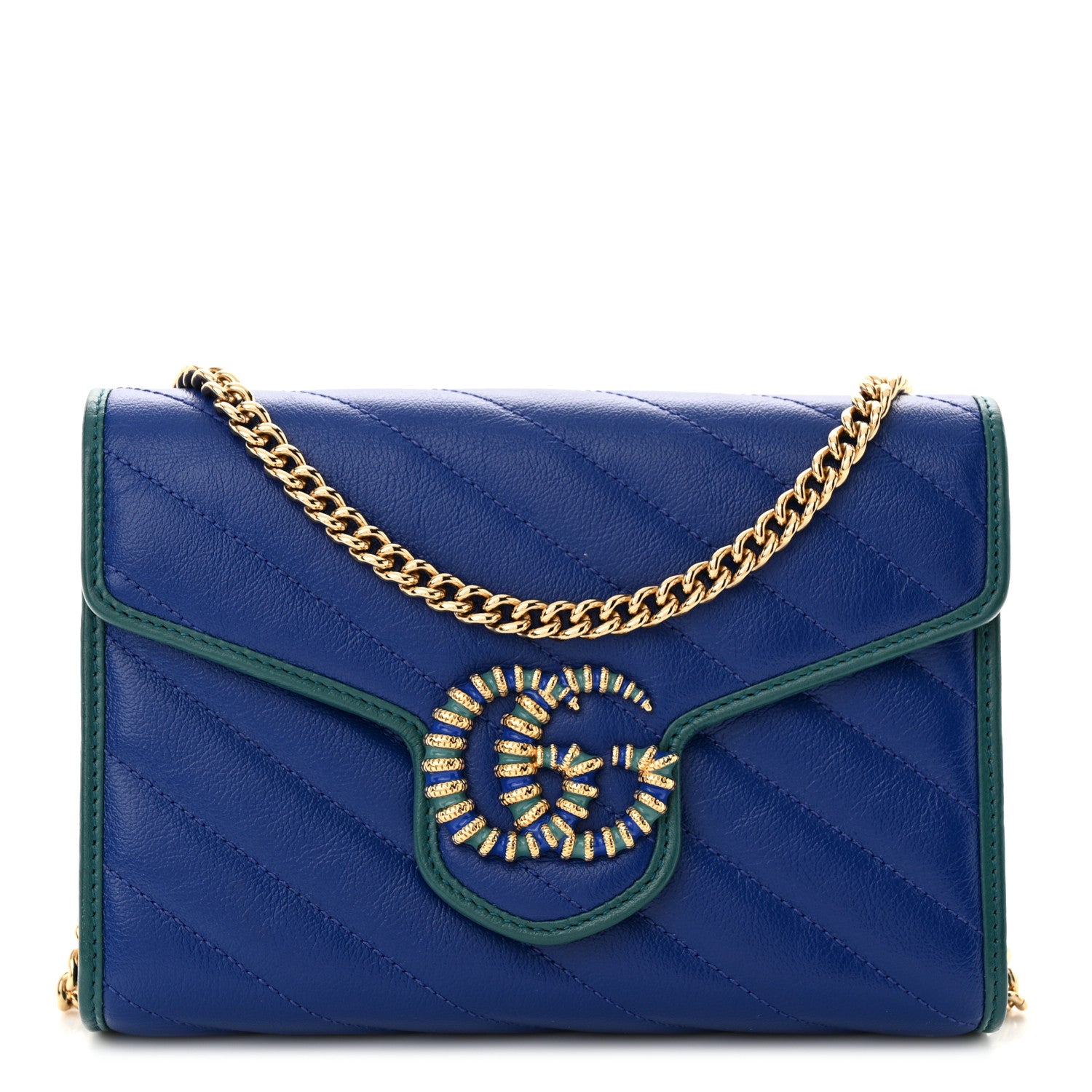Gucci Azalea Calfskin Enamel Matelasse Diagonal Torchon GG Marmont Chain Wallet Imperial Blue Pavone 1 of 11
