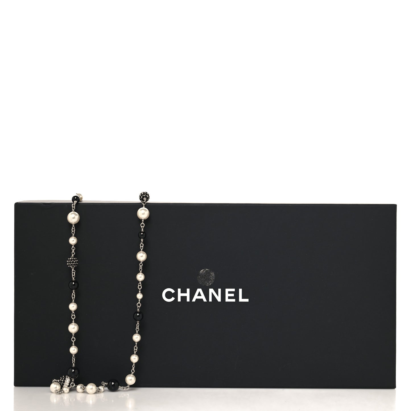 Marquise Crystal Pearl Bead CC Long Necklace Silver Black