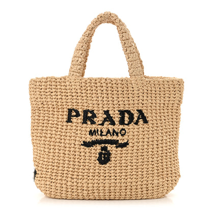 Prada Yarn Raffia Effect Crochet Embroidered Small Logo Tote Naturale 1 of 10