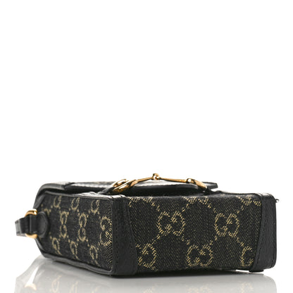 Gucci Jacquard Black Denim GG Monogram Textured Dollar Calfskin Mini Horsebit 1955 Crossbody Bag Black Ivory 4 of 9