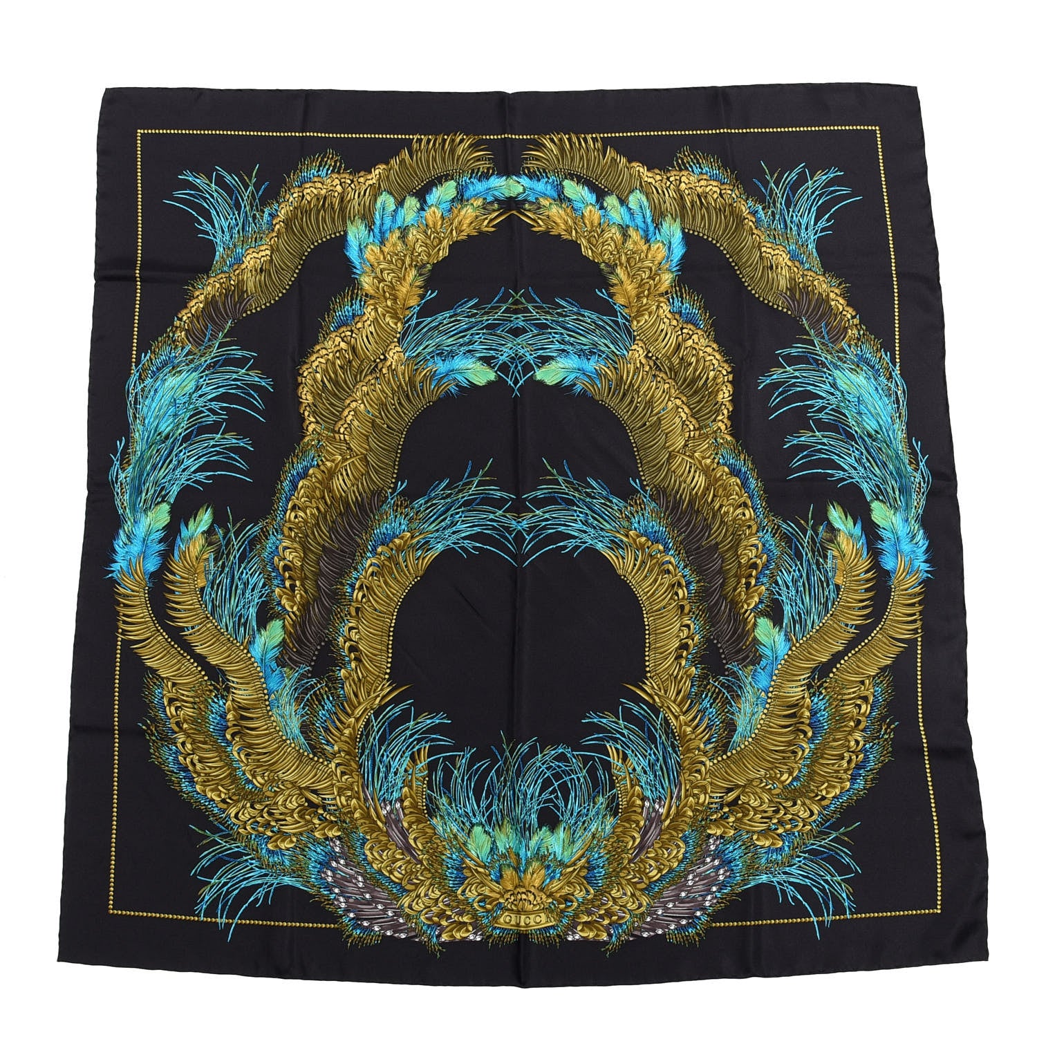 Gucci Silk Peacock Feather Printed Square Scarf Black Yellow 1 of 5