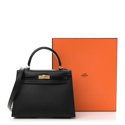 Hermes Madame Calfskin Shiny Niloticus Crocodile Kelly Sellier Touch 25 Black 11 of 11