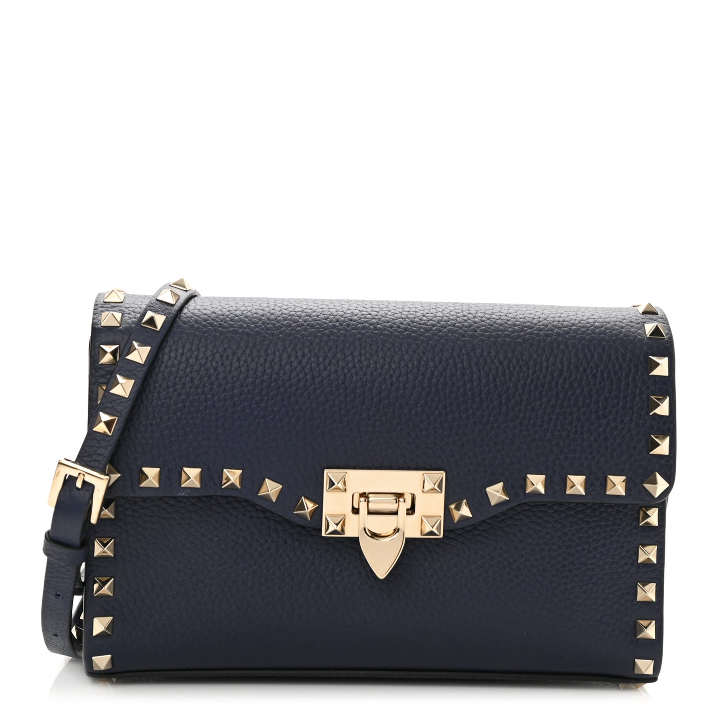 Pebbled Calfskin Medium Rockstud Flip Lock Crossbody Bag Navy