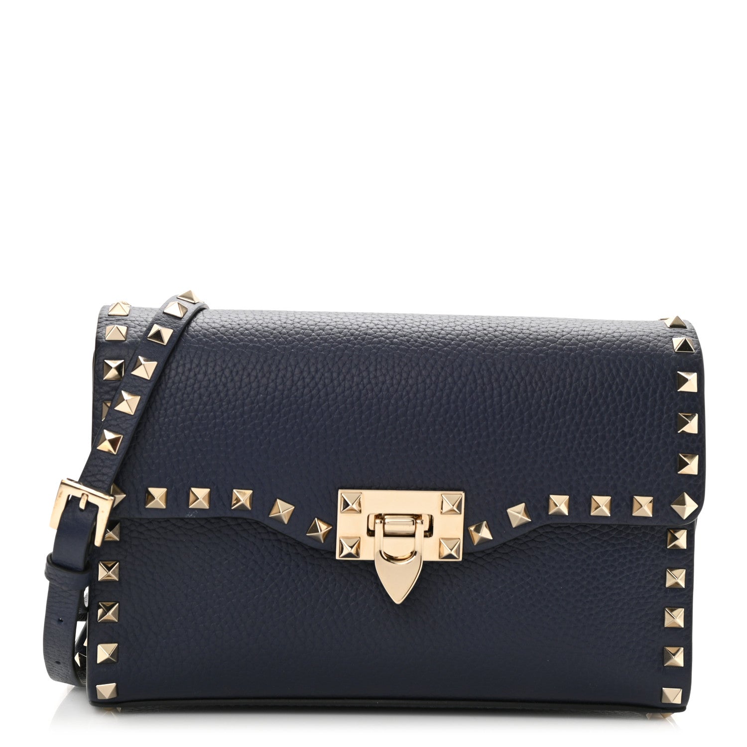 Valentino Garavani Pebbled Calfskin Medium Rockstud Flip Lock Crossbody Bag Navy 1 of 7