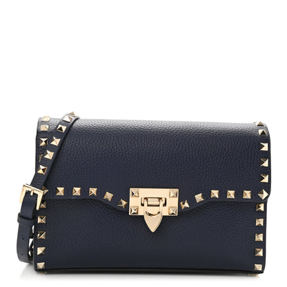 Valentino Garavani Pebbled Calfskin Medium Rockstud Flip Lock Crossbody Bag Navy 1 of 7