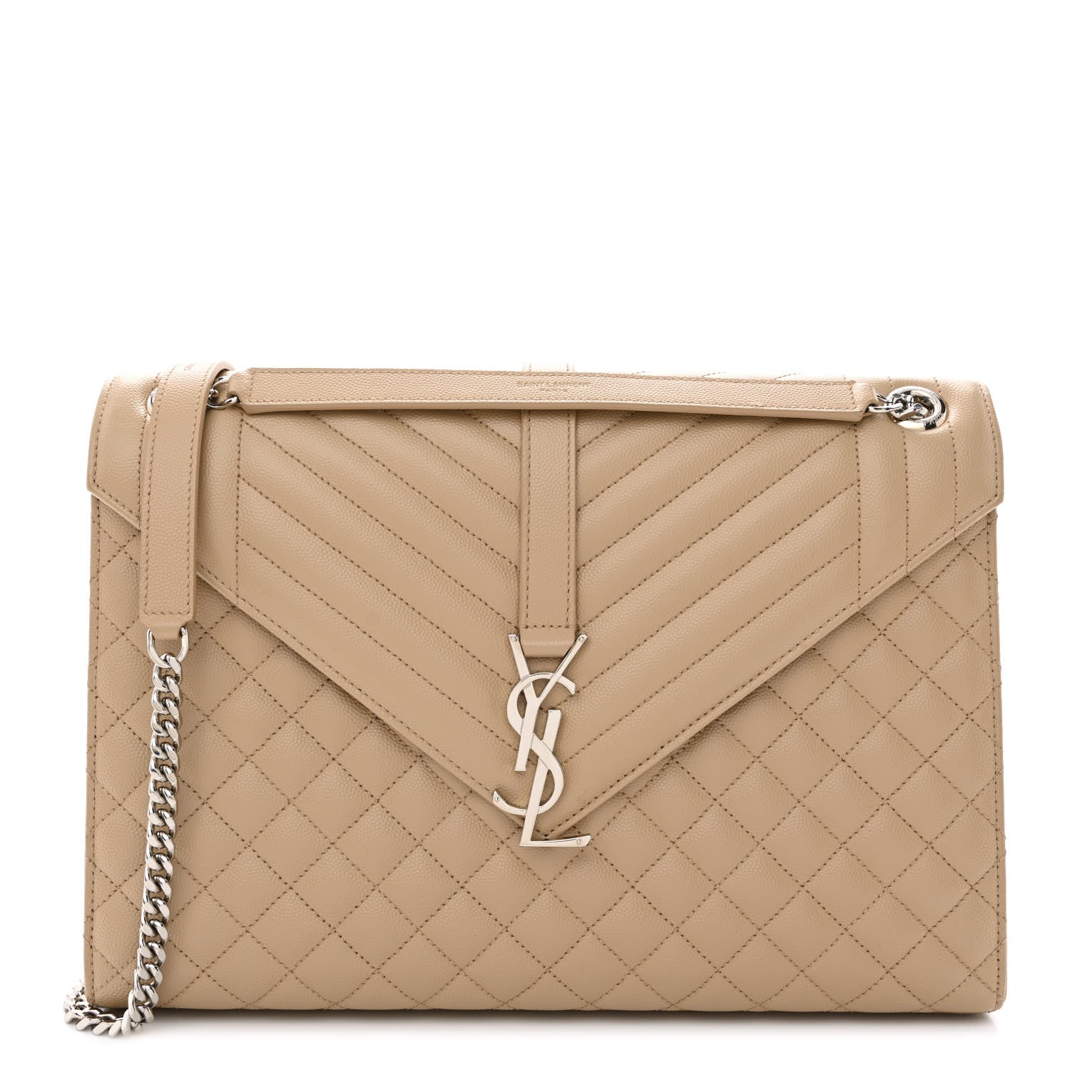 Saint Laurent Grain De Poudre Mixed Matelasse Large Triquilt Monogram Satchel Dark Beige 1 of 10