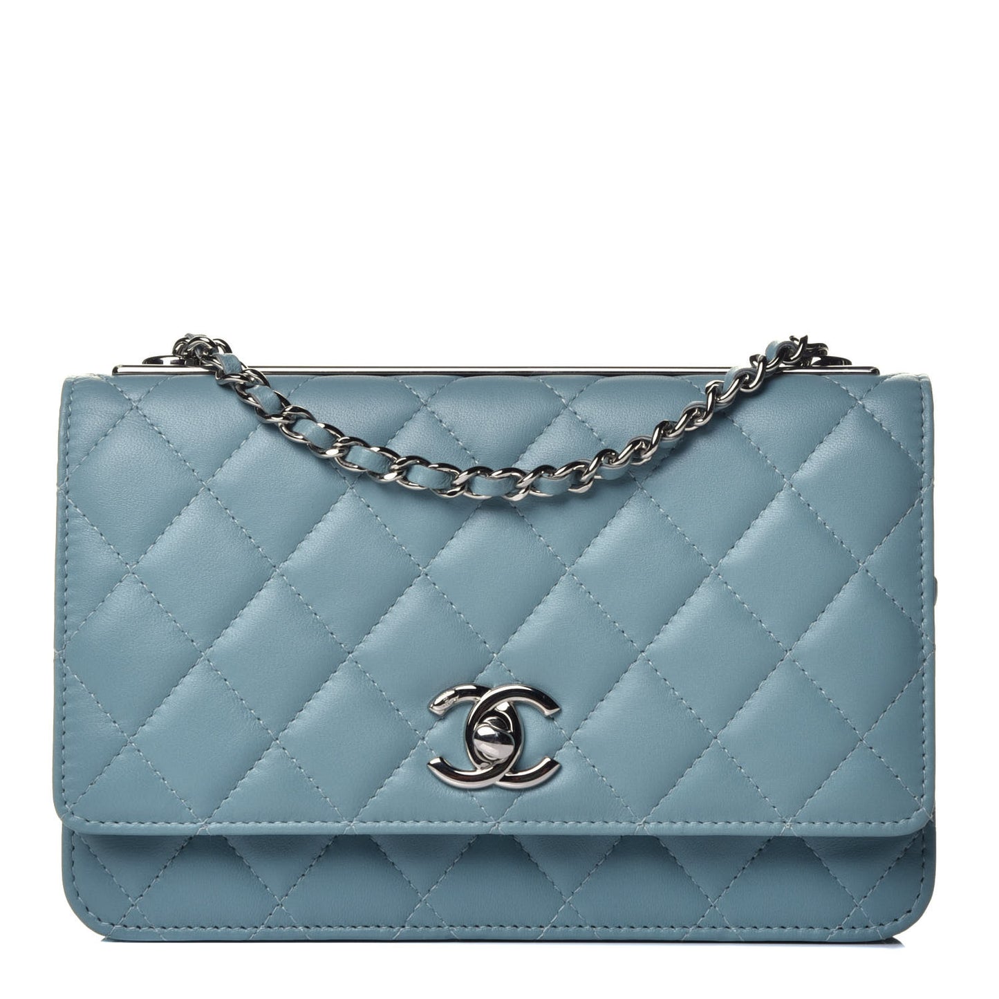 Lambskin Quilted Trendy CC Wallet On Chain WOC Light Blue