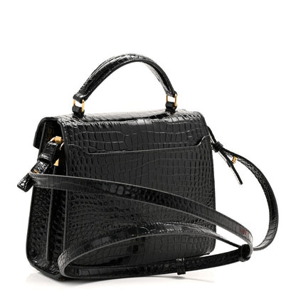 Saint Laurent Calfskin Crocodile Embossed Mini Classic Monogram Cassandra Top Handle Black 3 of 9