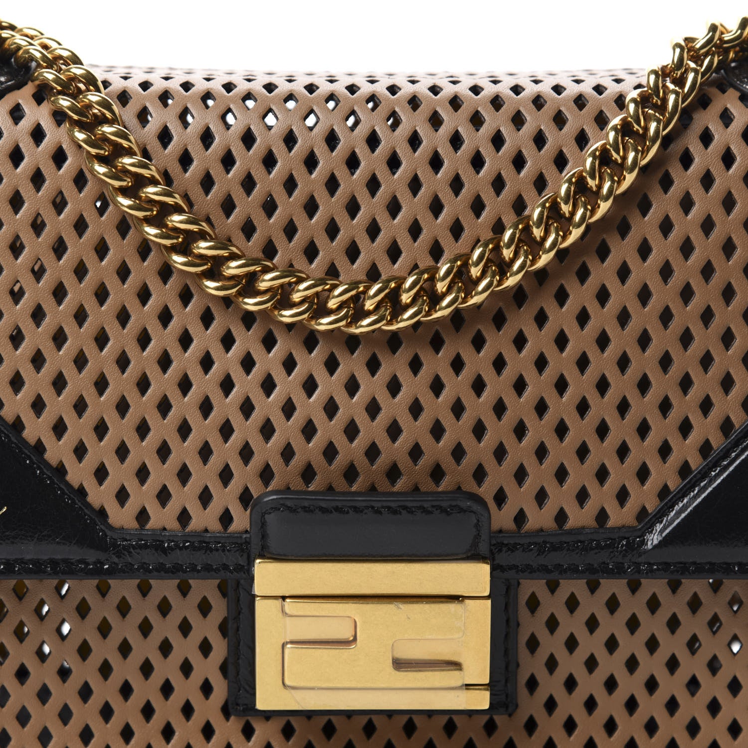 Fendi Vitello Liberty Glossy Lambskin Perforated Small Kan U Shoulder Bag Sand Mimosa Black 9 of 9