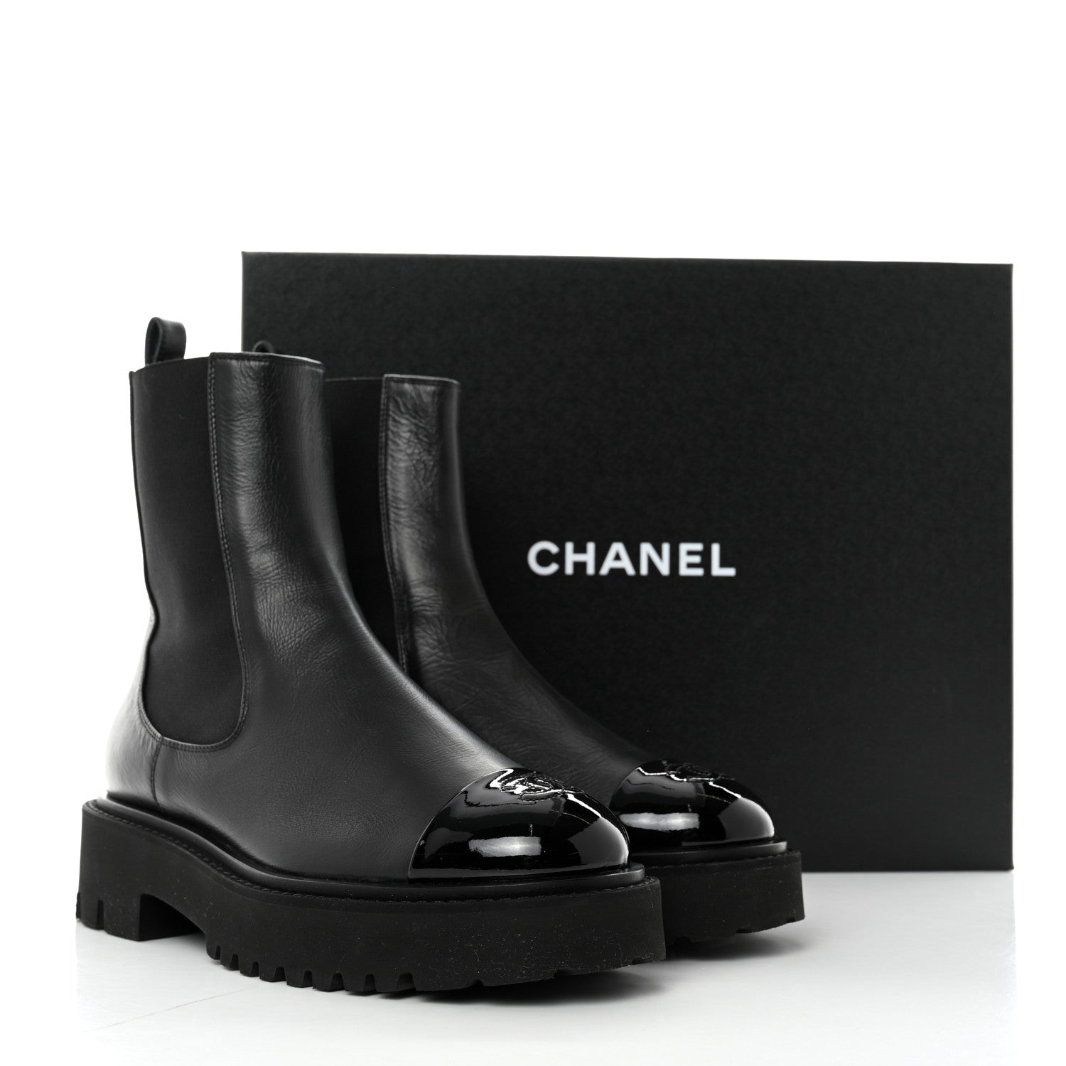 Chanel Crumpled Calfskin Patent Cap Toe Short Boots 39 Black 9 of 9