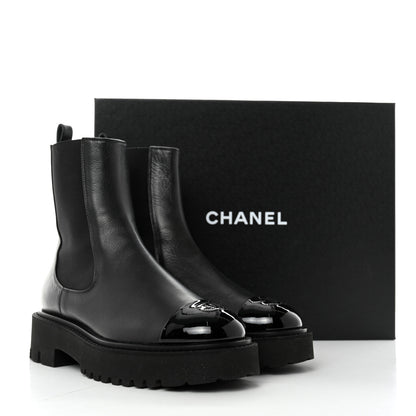 Chanel Crumpled Calfskin Patent Cap Toe Short Boots 39 Black 9 of 9