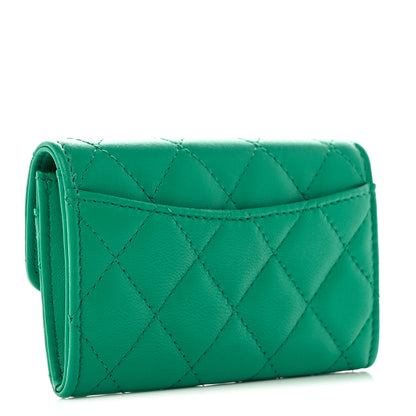 Chanel Lambskin Quilted Flap Card Holder Wallet Green 3 of 10