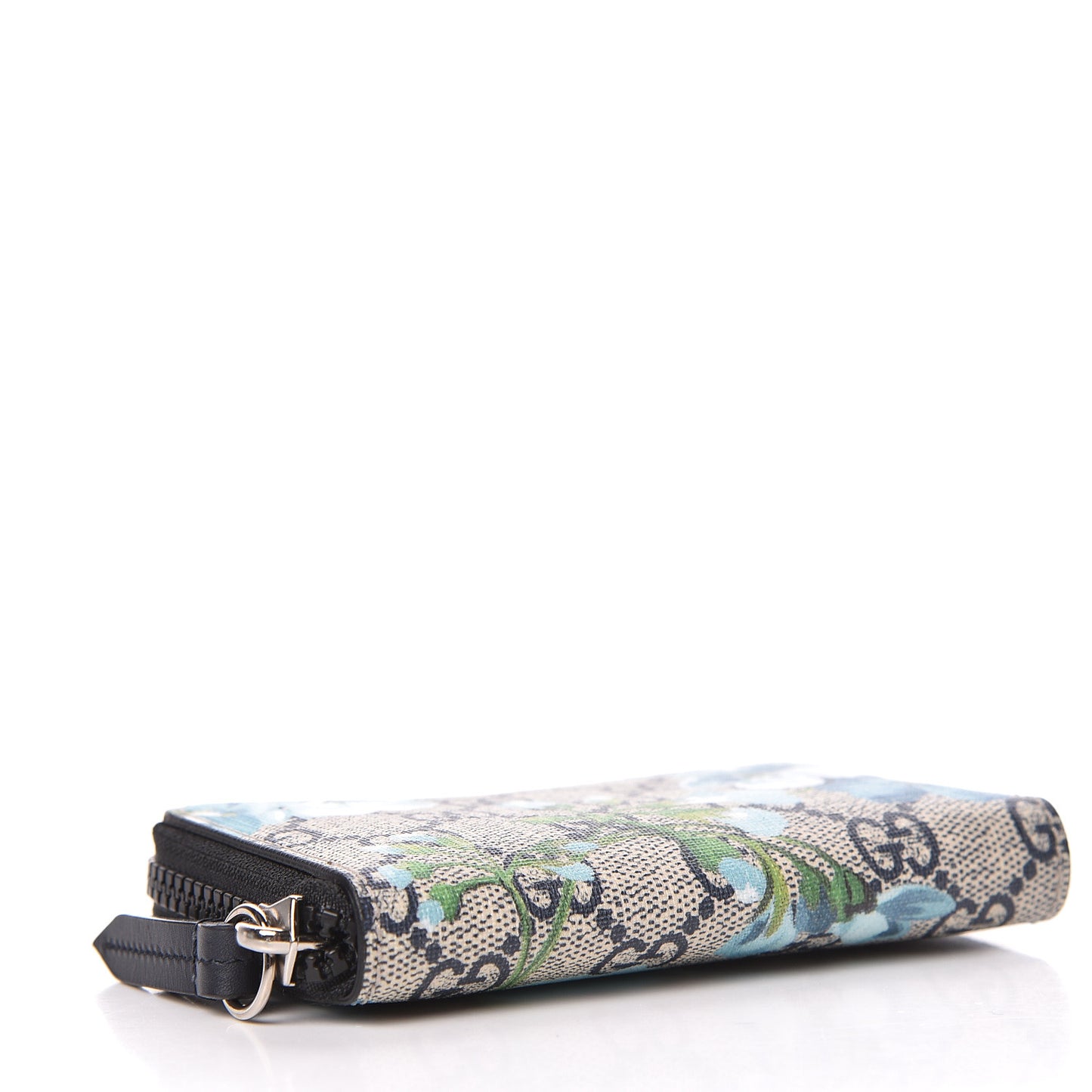 GG Supreme Monogram Blooms Zip Around Card Case Wallet Beige Blue Navy